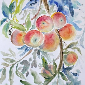 Stampa dell'albero di mele dell'acquerello originale. Arte del giardino. Decorazione mela stampabile. Arte Botanica. Decorazione da parete con mela. Acquarello di mele. Arte della mela