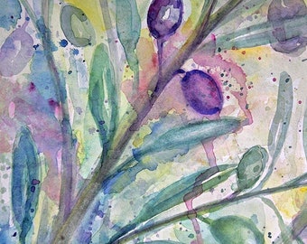 Green and Black Olives On Olive Tree Print of Original Watercolor Painting. Olives Wall Decor for Kitchen. Printable Botanical Art in Green
