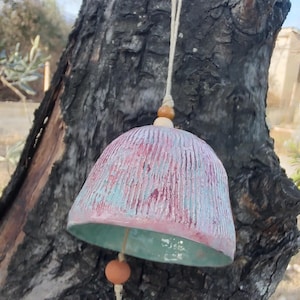 Hanging Handmade Ceramic Bell - Garden Decoration And Home Decor. Handbuilt Hanging Bell in Teal and Purple. Ceramic Gift Idea. Garden Decor