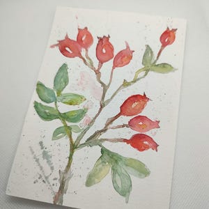 Minimalist Rosehip Branch Watercolor Painting: Delicate Kitchen Wall Art
