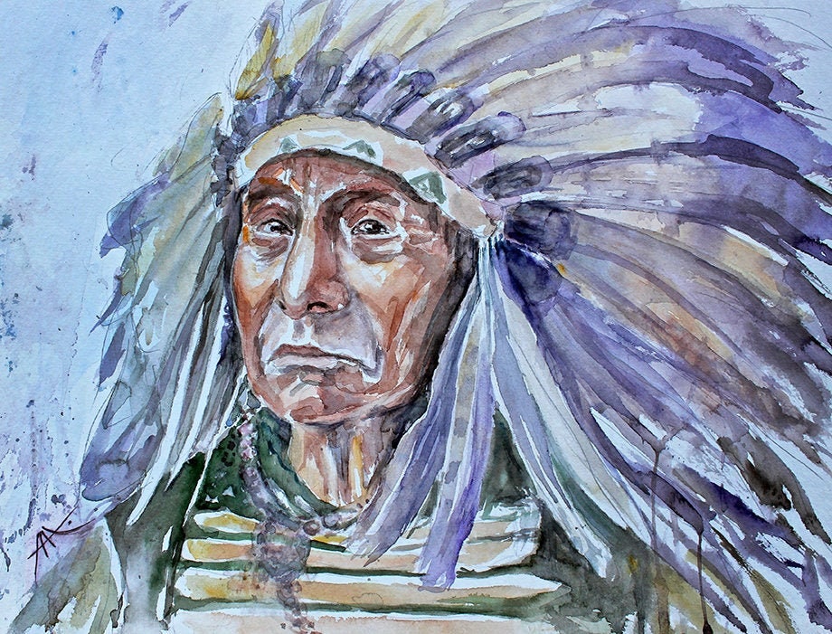 Original Hand Painted Native American Indian Chief Signed Watercolor Painting on 16 X 20 cardboard