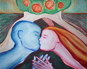 Kissing Man And Woman Print of Original Oil Painting. Love Wall Decor. Romantic Art. Love Poster. Kiss Printable Art. Surrealism. Symbolism