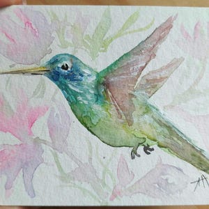 Acquerello minimalista di uccelli – Piccolo dipinto di colibrì. Mini Bird Art. Dipinto ad acquerello originale. Colibrì e fiori rosa