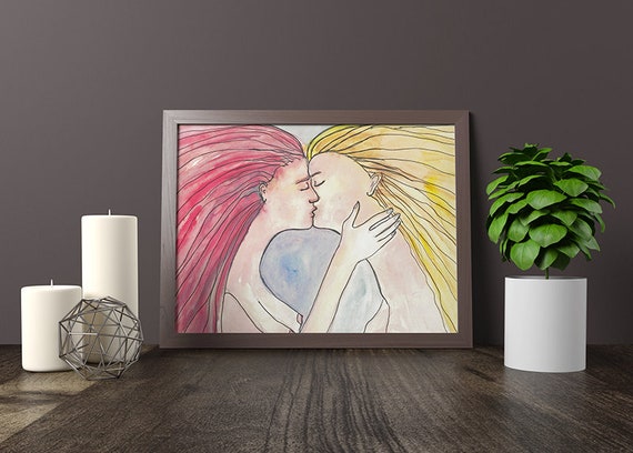 Lesbian Kiss Art Print of Original Watercolor. Anime Style -  Sweden