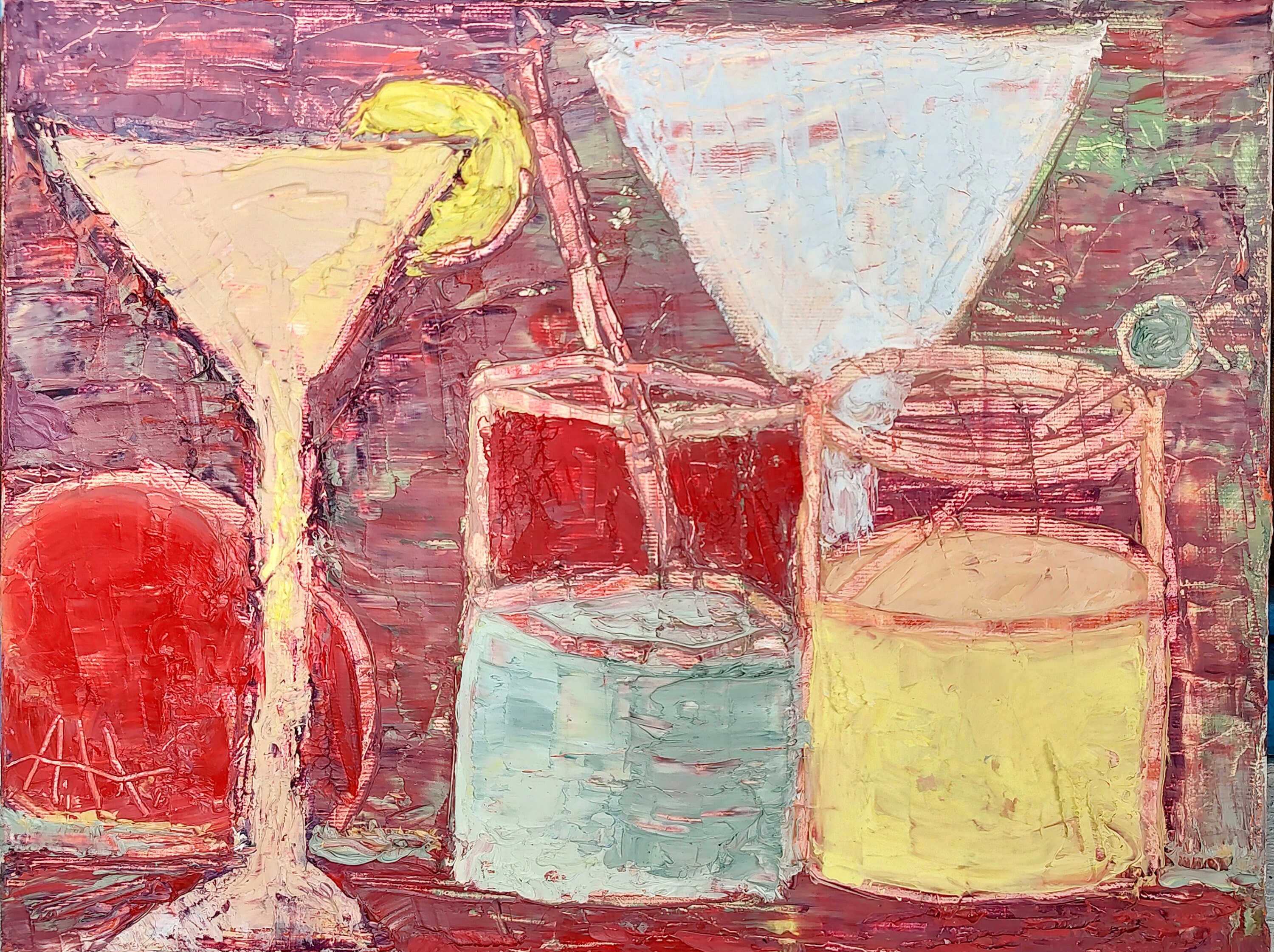 Drinks and Cocktails Abstract Original Oil Painting. Texture Artwork. Modern Wall Art. Bar Wall Decor in Red and Yellow. Bar Owners Gift