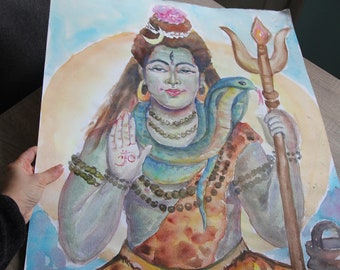 Lord Shiva origineel kunstwerk. Indiase God in het hindoeïsme. Waterverfschilderij. Spirituele kunst. Yoga wanddecoratie. Yogastudio geschenken. Shiva-portret