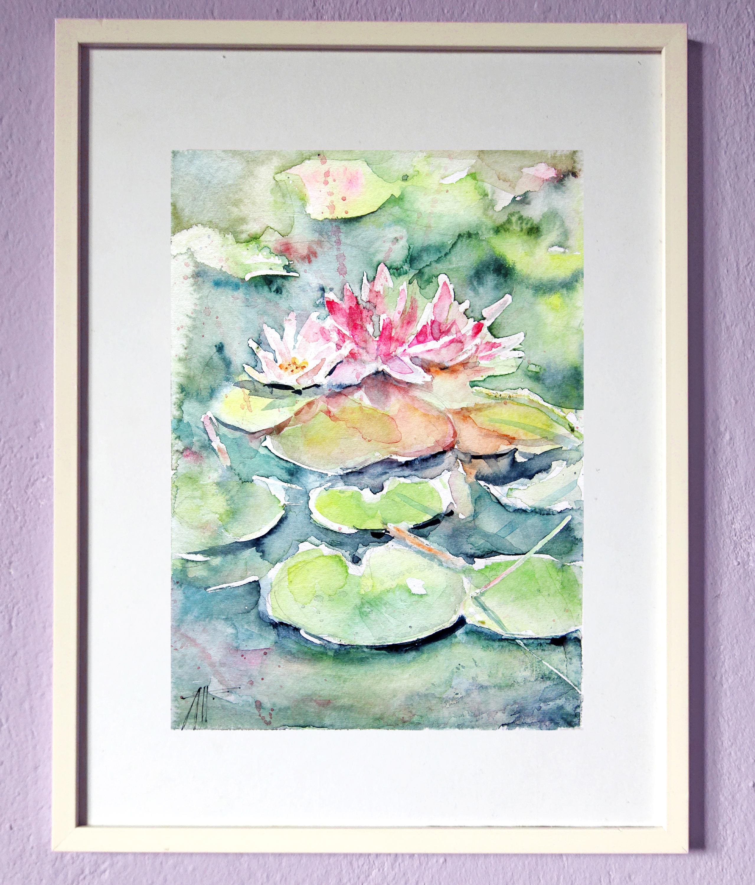 Watercolor Painting of Water Lilies Print. Poster of Original Hand-Painted Lotus. Water Lily Art. Garden Art Wall Decor. Botanical Art Gift