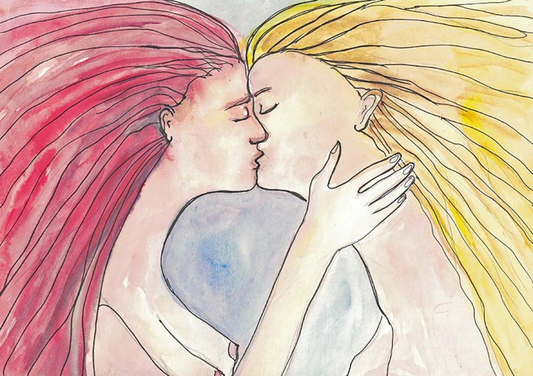 Lesbian Kiss Art Print of Original Watercolor. Anime Style -  Sweden