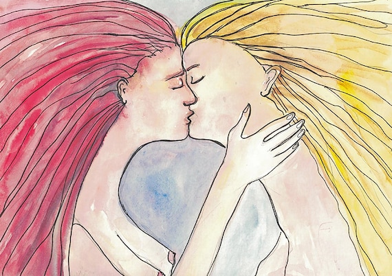 Lesbian Kiss Art Print of Original Watercolor. Anime Style -  Sweden