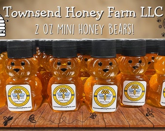 Honey, 10 Mini Honey Bears, Custom Bear Stickers, Pure Raw FL Honey, Wedding, Bridal, Baby Shower, Birthday Favors, Party Favor, Foodie Gift