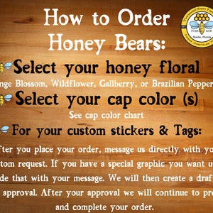 May include: Wooden background with text: "How to Order Honey Bears." Instructions include selecting honey floral, cap color, and custom stickers. A honey farm logo is in the top right corner.