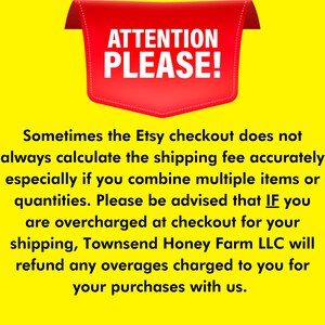 May include: A red banner with the words "ATTENTION PLEASE!" in white text against a yellow background. The text below explains Etsy checkout issues and refund policies.