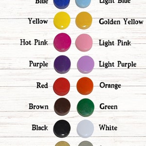May include: A color chart for Mini Honey Bear custom cap colors. The caps are arranged in rows and columns, showcasing a variety of colors including blue, yellow, pink, purple, red, brown, black, gold, bronze, light blue, golden yellow, light pink, light purple, orange, green, white, and silver.