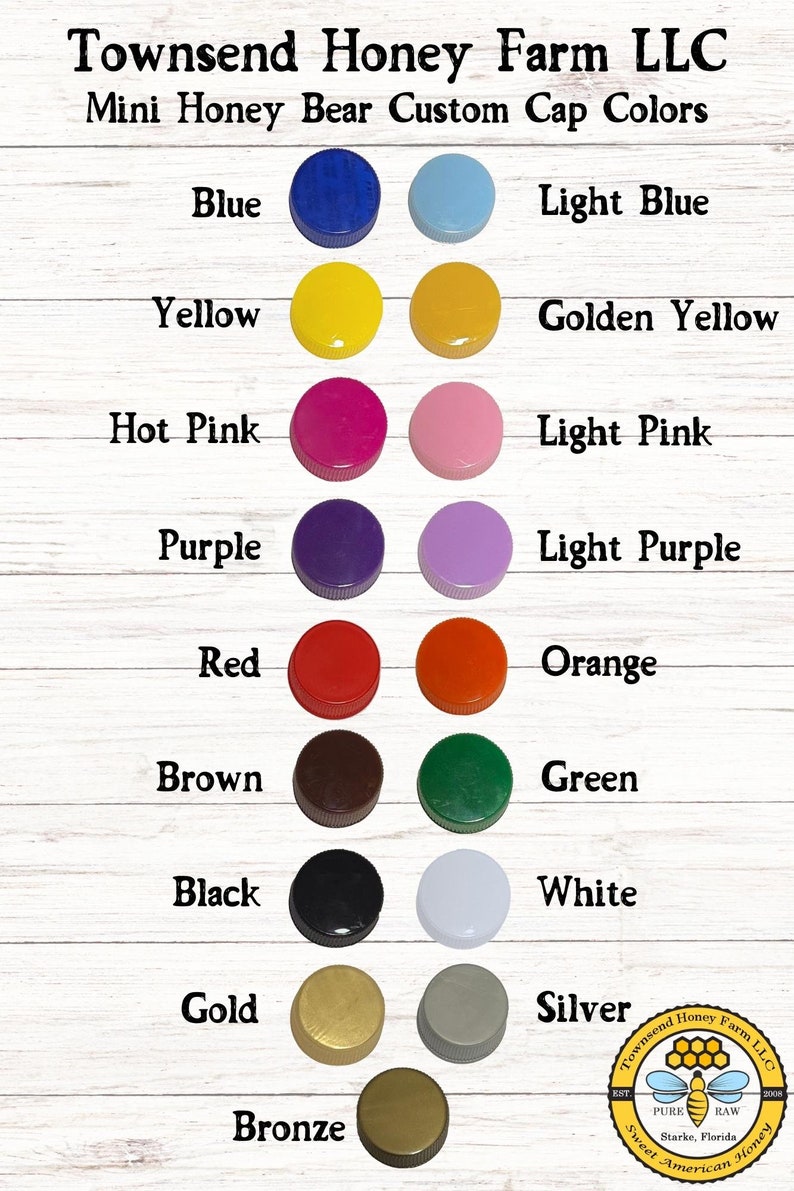 May include: A color chart for Mini Honey Bear custom cap colors. The caps are arranged in rows and columns, showcasing a variety of colors including blue, yellow, pink, purple, red, brown, black, gold, bronze, light blue, golden yellow, light pink, light purple, orange, green, white, and silver.