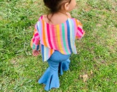 Angie Stretch Jeans Flare Bells With Distressed Hem And Jane Crossed Back Shirt Ruffle Shirt Boho Chic Clothes 70s style clothing