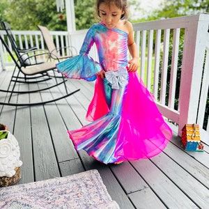 Custom Kids' Outfit: Tulle/Organza Layered Skirt Asymmetrical Jumpsuit, Choose Your Colors, Detachable Bow Belt, One-Shoulder Bell Bottoms image 10