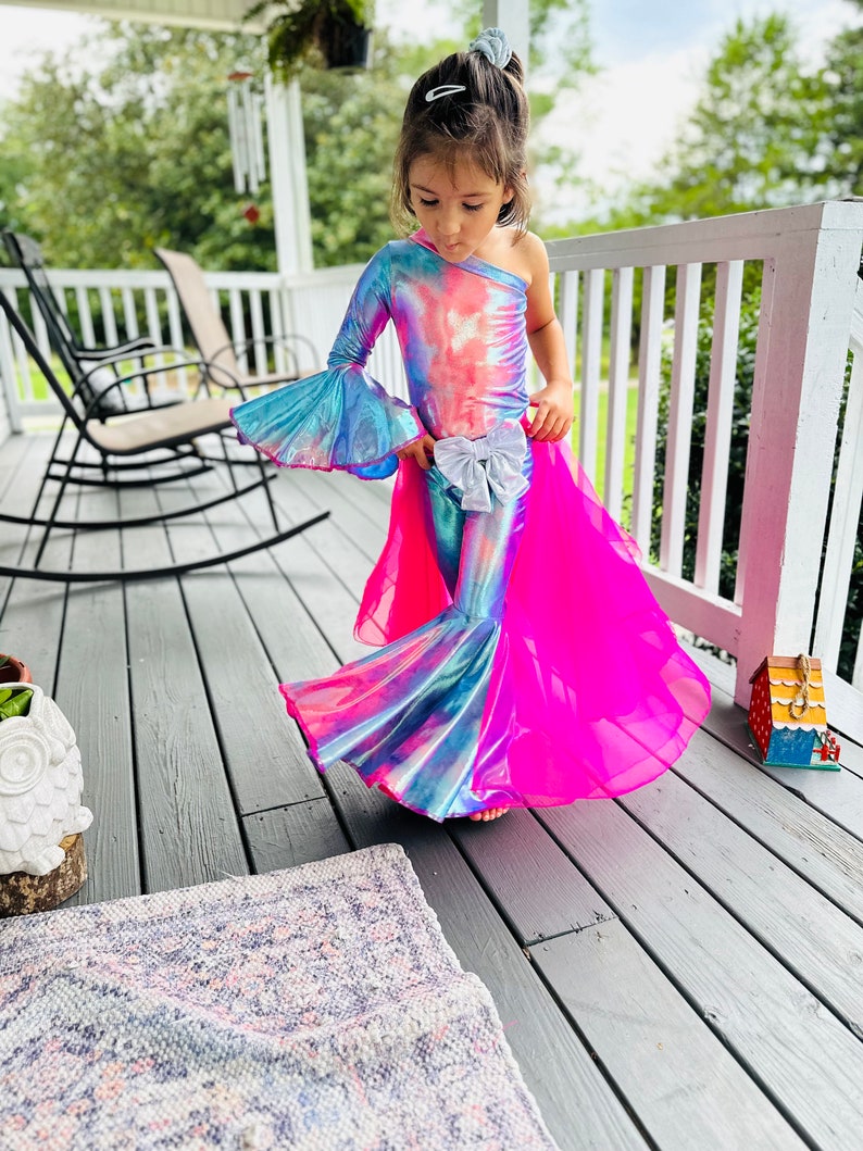 Custom Kids' Outfit: Tulle/Organza Layered Skirt Asymmetrical Jumpsuit, Choose Your Colors, Detachable Bow Belt, One-Shoulder Bell Bottoms image 10