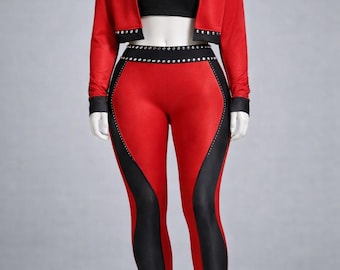 Conjunto de baile con pedrería roja y negra / Chaqueta corta y leggings / Disfraz de escenario / Colores personalizados / Tallas desde niña hasta adulto XS–XL