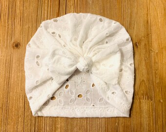 Ivory Lace Spring/Summer Bow or Doughnut Headwrap Soft StretchBaby Turban|Adult Turban|Adult Headwrap|Child Headwrap|Kids Top Knot|Chemo Cap