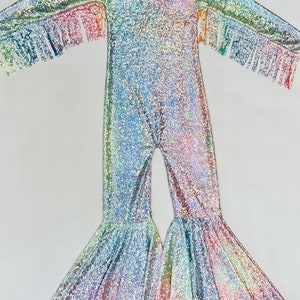 May include: A silver iridescent jumpsuit with rainbow glitter and fringe on the sleeves and bell bottoms.