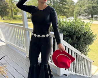Statement jumpsuit met bell Bottom | 60+ kleuren | Festivaloutfit | Cowgirl-western | Optocht | Boho-koningin | Volwassene XS–XL | Danskleding
