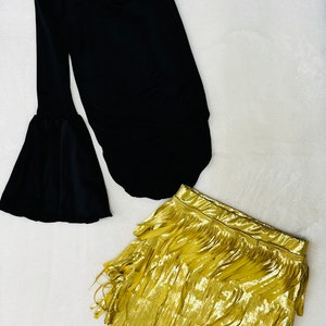 May include: A black off-the-shoulder top with long bell sleeves and a gold fringe skirt.
