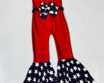 Patriotic One-Shoulder Jumpsuit with Bell Sleeve & Bottoms, Matching Belt. Wrist Cuffs sold separately  4th of July, Memorial Day, Dance