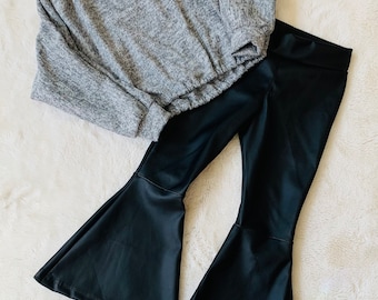 Girls Faux Leather Bell Bottoms, Dolman Sweater Shirt|Kids Bell Bottoms|Newborn Flare Pants|Boho Clothes|Wholesome Goods Co|Fall/Winter
