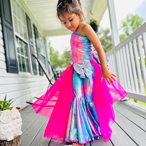 Custom Kids' Outfit: Tulle/Organza Layered Skirt Asymmetrical Jumpsuit, Choose Your Colors, Detachable Bow Belt, One-Shoulder Bell Bottoms image 3