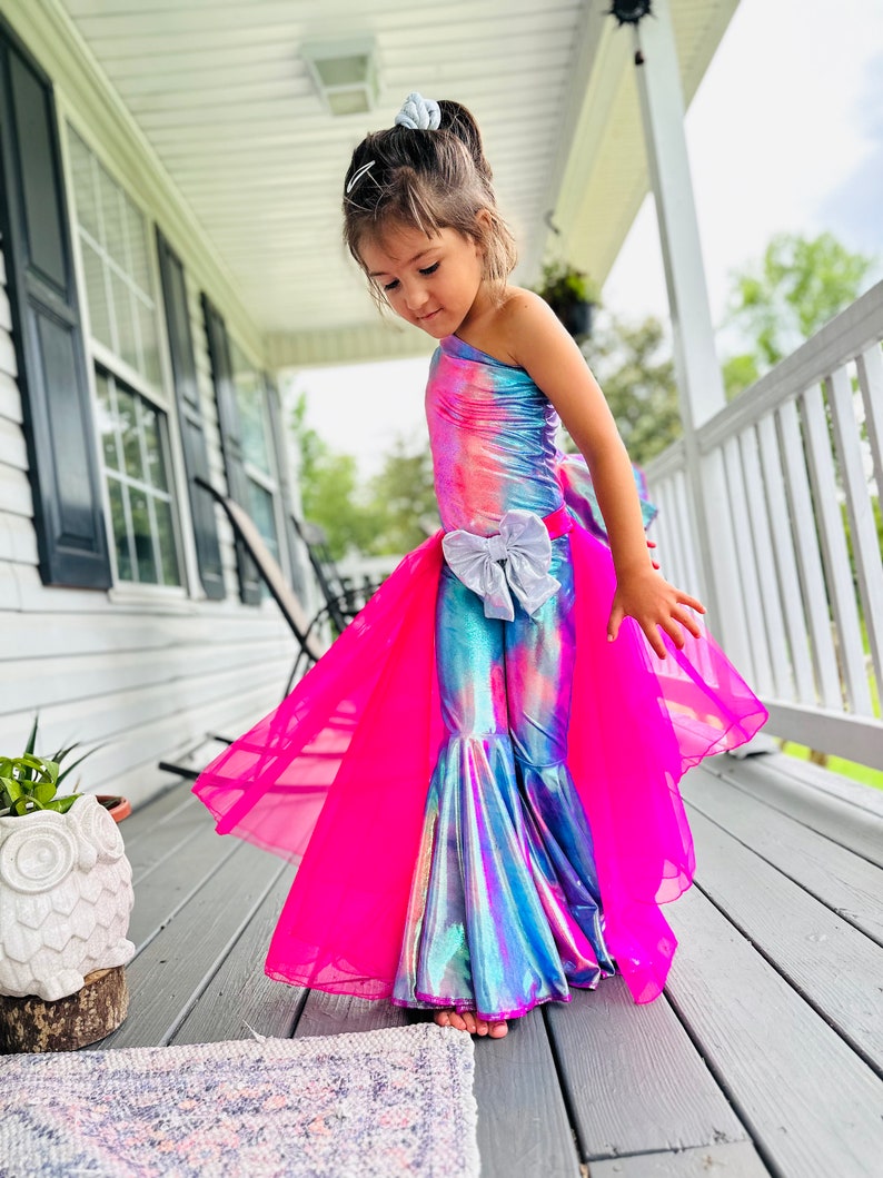Custom Kids' Outfit: Tulle/Organza Layered Skirt Asymmetrical Jumpsuit, Choose Your Colors, Detachable Bow Belt, One-Shoulder Bell Bottoms image 1
