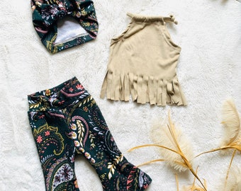 Jolene Bell Bottoms and Lola Fringe Halter Top/Summer Outfit |Kids Bell Bottoms|Newborn Flare Pants||Hippie Flare Pants|Baby Bell Bottoms