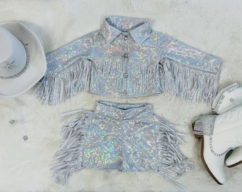 Cowgirl Couture Fransen-Set (InfantJuniors)Mattes oder Metallic Lycra Mystik |60+ Farben|Stiefel & Hut separat erhältlich. Handgemachte gesunde Waren