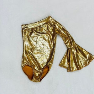 Gold Asymmetrical Leotard with Bell Sleeve choose your color/Kids leotards/Girls leotards/Junior leotards/Dancewear/Pageant Clothes/Handmade