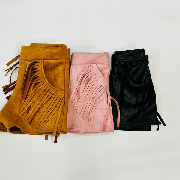 Oatmeal Faux Leather Side Fringe Mini Shorts