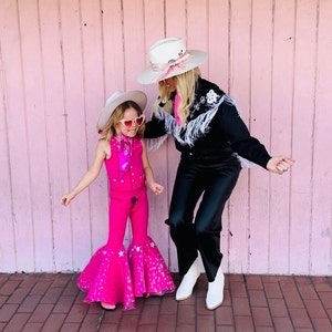 Dazzling Hot Pink Doll-Inspired Outfit for Kids (sold separately) Vest, Lace-Up Bell Bottoms, Hat, Cowgirl Boots with Super Sparkly Stars