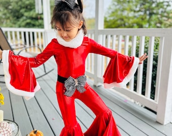 Kids' Santa-Inspired Christmas Jumpsuit|Winter Wonderland Pageant Costume|Sparkling Bell Outfit Festive Holiday Dancewear|Sold Separately