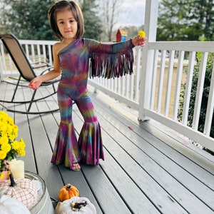 Boogie Nights Iridescent Rainbow Fringe Jumpsuit|One-Shoulder Bell Sleeve & Flared Leg|Girls' Birthday and Dance Outfit|More Colors Availabl