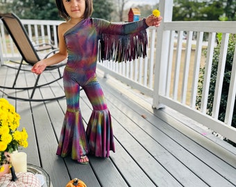 Boogie Nights Iridescent Rainbow Fringe Jumpsuit|One-Shoulder Bell Sleeve & Flared Leg|Girls' Birthday and Dance Outfit|More Colors Availabl