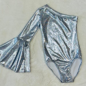 Silver Asymmetrical Leotard Bell Sleeve choose your color/Kids leotards/Girls leotards/Junior leotards/Dancewear/Pageant Clothes/Handmade