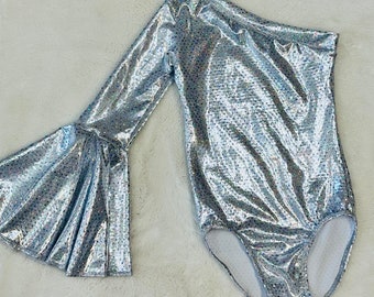 Silver Asymmetrical Leotard Bell Sleeve choose your color/Kids leotards/Girls leotards/Junior leotards/Dancewear/Pageant Clothes/Handmade