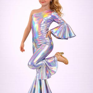 Dancing Queen One-Shoulder Jumpsuit|Metallic BellBottom Dance Outfit|Girls Disco Costume|Birthday Pageant Stage Wear|Custom Colors&Sizes