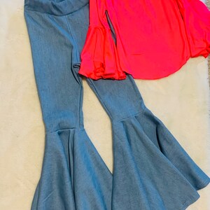 Stretch Jeans Flare Pants, Off Shoulder Bell Sleeve Top MORE COLORS AVAILABLE| Kids Denim Bell Bottoms|Off Shoulder Top|Wholesome Goods Co