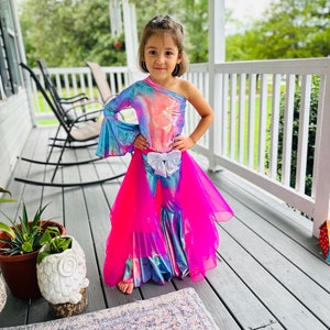 Custom Kids' Outfit: Tulle/Organza Layered Skirt Asymmetrical Jumpsuit, Choose Your Colors, Detachable Bow Belt, One-Shoulder Bell Bottoms image 2