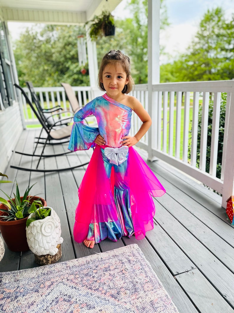 Custom Kids' Outfit: Tulle/Organza Layered Skirt Asymmetrical Jumpsuit, Choose Your Colors, Detachable Bow Belt, One-Shoulder Bell Bottoms image 2
