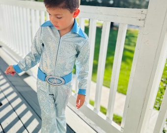 Grammy-Inspired Light Blue Sparkle Jumpsuit for Kids – Retro Flare Pants & Zip Front | Belt Sold Separately