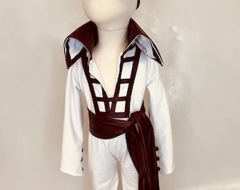The Wonder Handcrafted Retro Faux Leather Bell-Bottom Jumpsuit with Burgundy Bow & Sash -Vintage Inspired for Babies, Kids, and Juniors