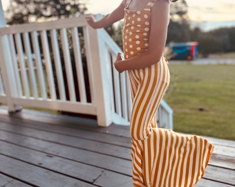 Kids' Fall Jumpsuit: Mustard & Off-White Stripes/Polka Dot, Perfect for Thanksgiving and Pumpkin Patch Photos By Wholesome Goods Co