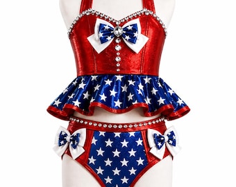 Patriotic Girls Bikini Set – Red Metallic & Star Print Pageant Swimwear, High Waisted Two Piece, Rhinestone Couture Outfit, Custom Sizes