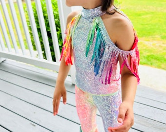 Tie-Dye Holographic Top with Fringe Shoulder&Exaggerated Bell Bottoms for Kids Vibrant and Unique Fashion Ensemble(sold separately)