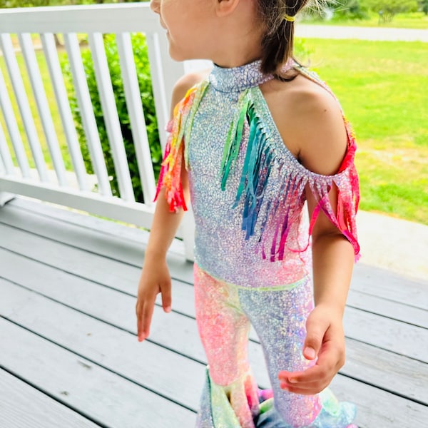 Tie-Dye Holographic Top with Fringe Shoulder&Exaggerated Bell Bottoms for Kids Vibrant and Unique Fashion Ensemble(sold separately)